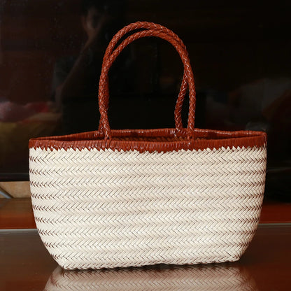 Woven Genuine Leather Tote Bag for Women – Cowhide Shoulder Bag