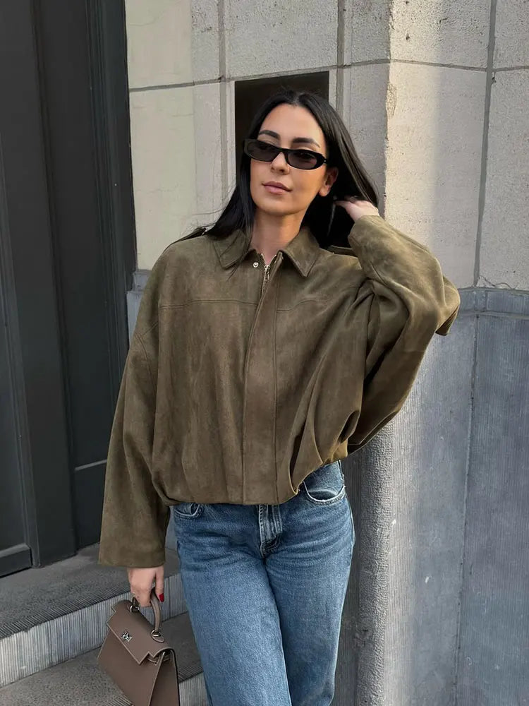 Women's Oversized Suede Jacket with Batwing Sleeves & Zipper