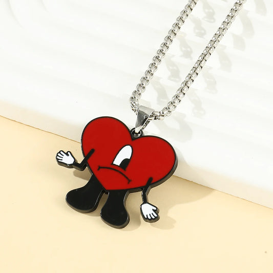 Bad Bunny Red Heart Pendant Keychain & Necklace – Fan Accessory