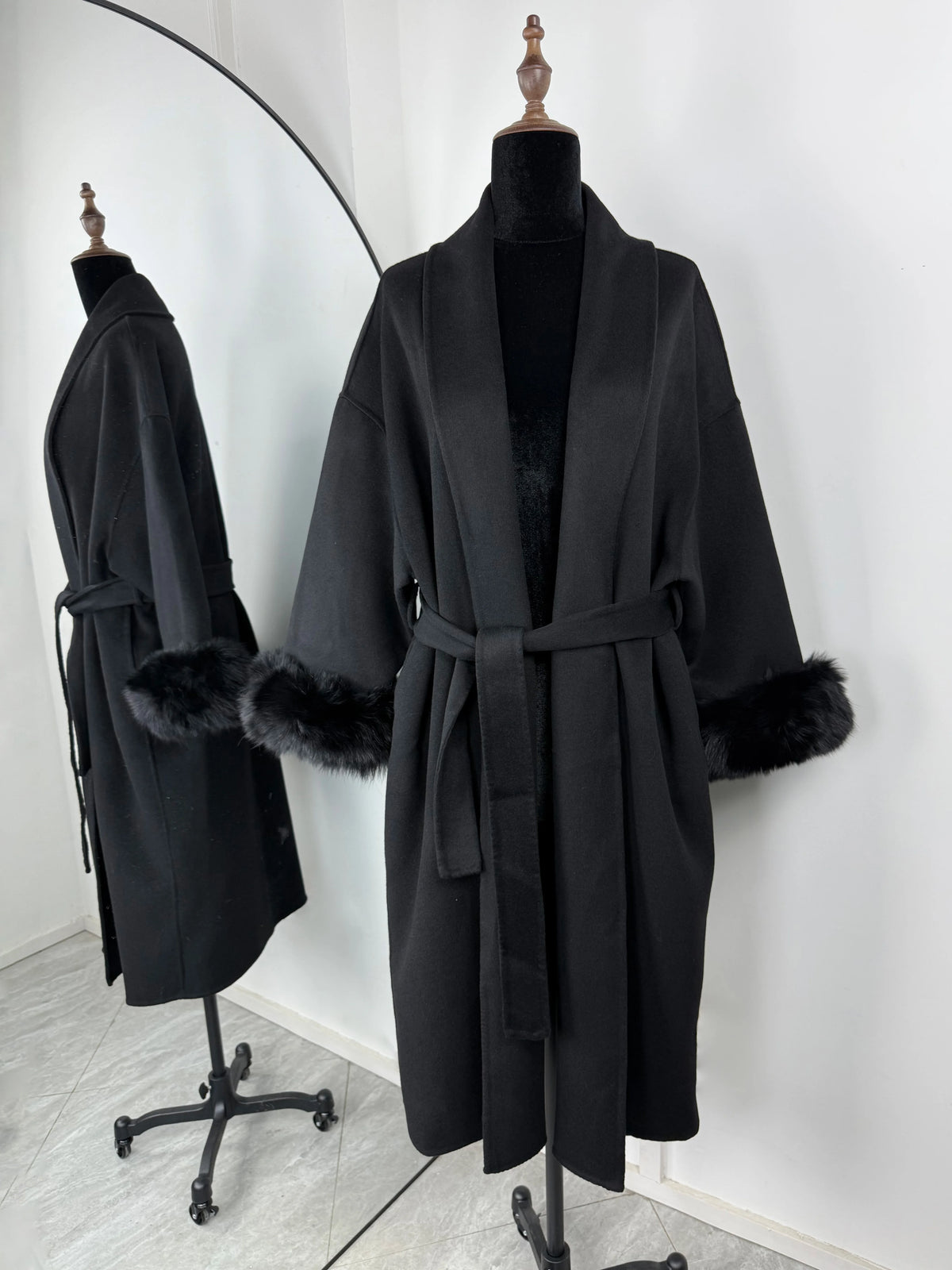 Women's Fox Fur Trim Double-Sided Wool Coat – Belted Elegant Wrap