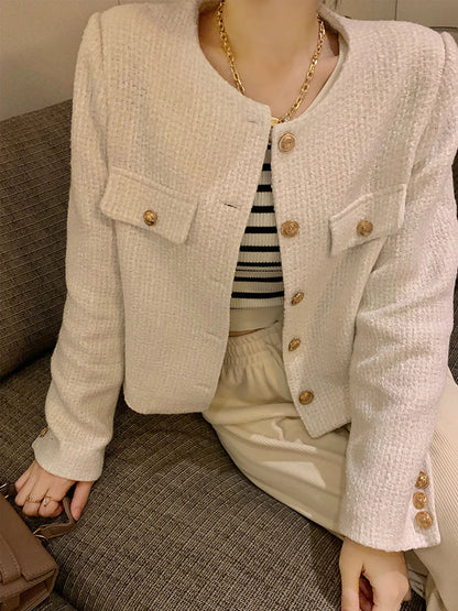 Women's Short Wool Tweed Coat with Gold Buttons – Slim Fit