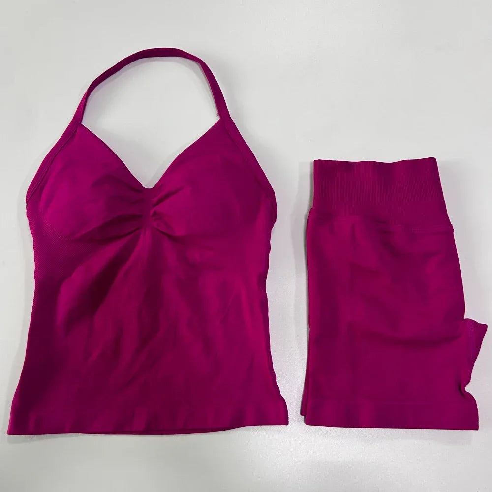 Women's 2-Piece Seamless Sports Set – Backless Tank Top & Scrunch Shorts