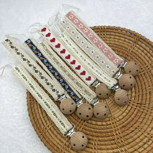 Pacifier Clip Chain with Wooden Bead – Cute Flower & Heart Print