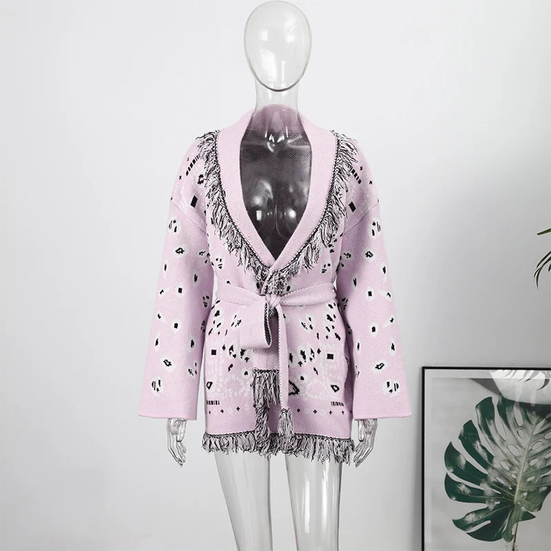 Women's Printed Tassel Knit Cardigan – Loose V-Neck Coat