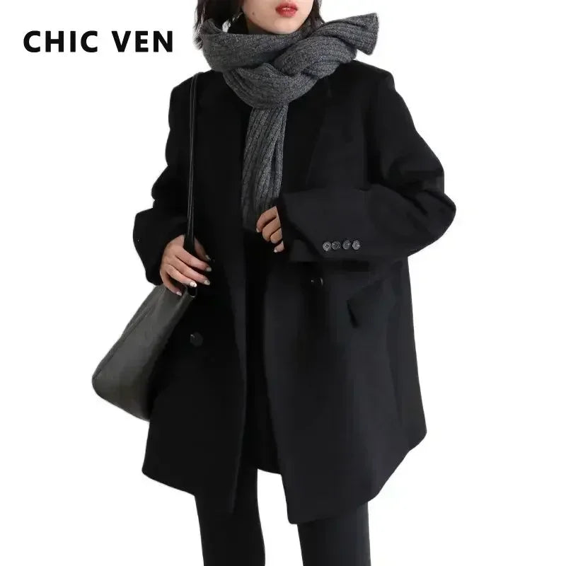 Women's Wool Blend Mid-Length Coat – Warm Office Blazer Overcoat
