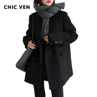 Women's Wool Blend Mid-Length Coat – Warm Office Blazer Overcoat