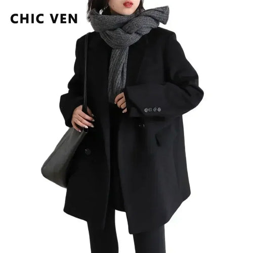Women's Wool Blend Mid-Length Coat – Warm Office Blazer Overcoat