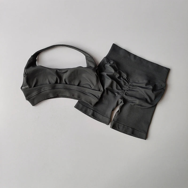 Women's Halter Neck Sports Bra & Scrunch Shorts Set