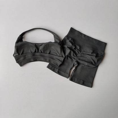 Women's Halter Neck Sports Bra & Scrunch Shorts Set