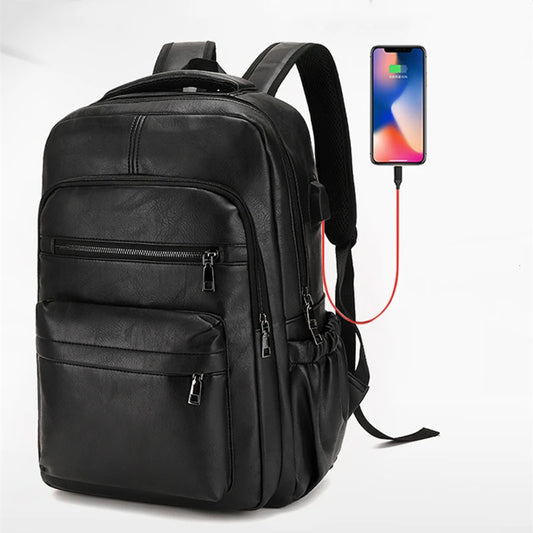 PU Leather Laptop Backpack with USB Charging Port for Men