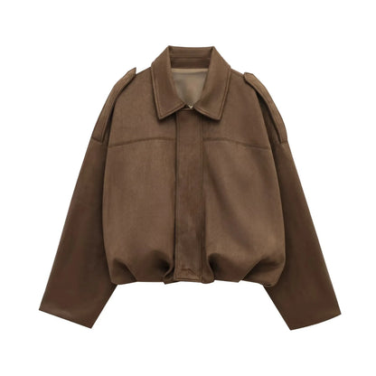 Women's Oversized Suede Jacket with Batwing Sleeves & Zipper