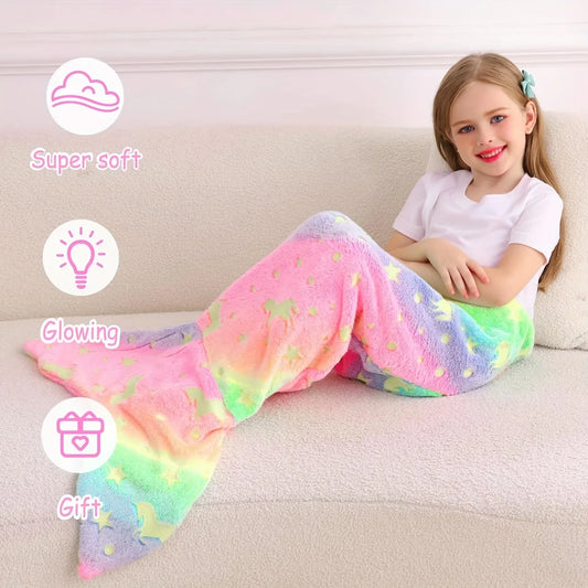 Mermaid Tail Blanket Glow in the Dark – Soft Flannel Unicorn Gift for Girls