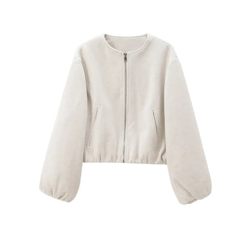 Women's Loose Zip-Up Bomber Jacket – Casual Long Sleeve Outerwear