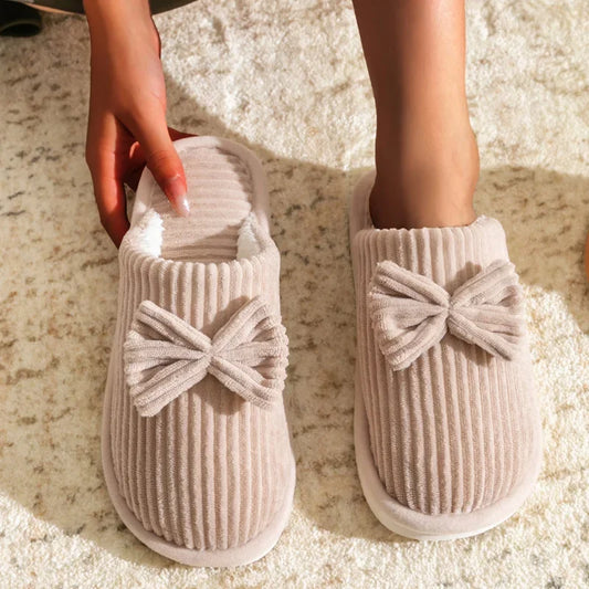 Women's Bow Corduroy Slippers – Warm Fleece Indoor House Shoes