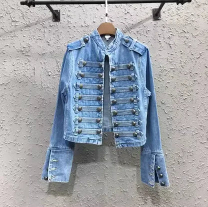 Women's Cropped Military Denim Jacket – Streetwear Style