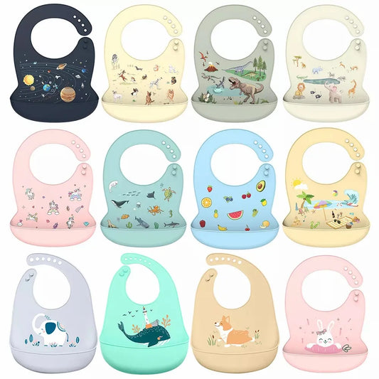 Silicone Baby Bib with Cartoon Print – Waterproof & Food Catcher