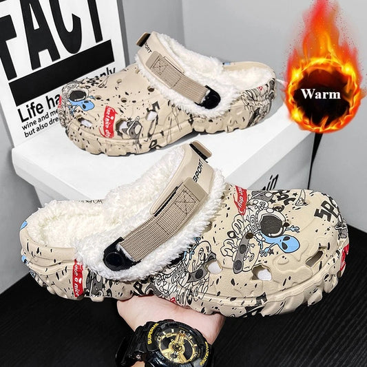 Plush-Lined Graphic Clogs – Warm Non-Slip Indoor Slippers for Men & Women