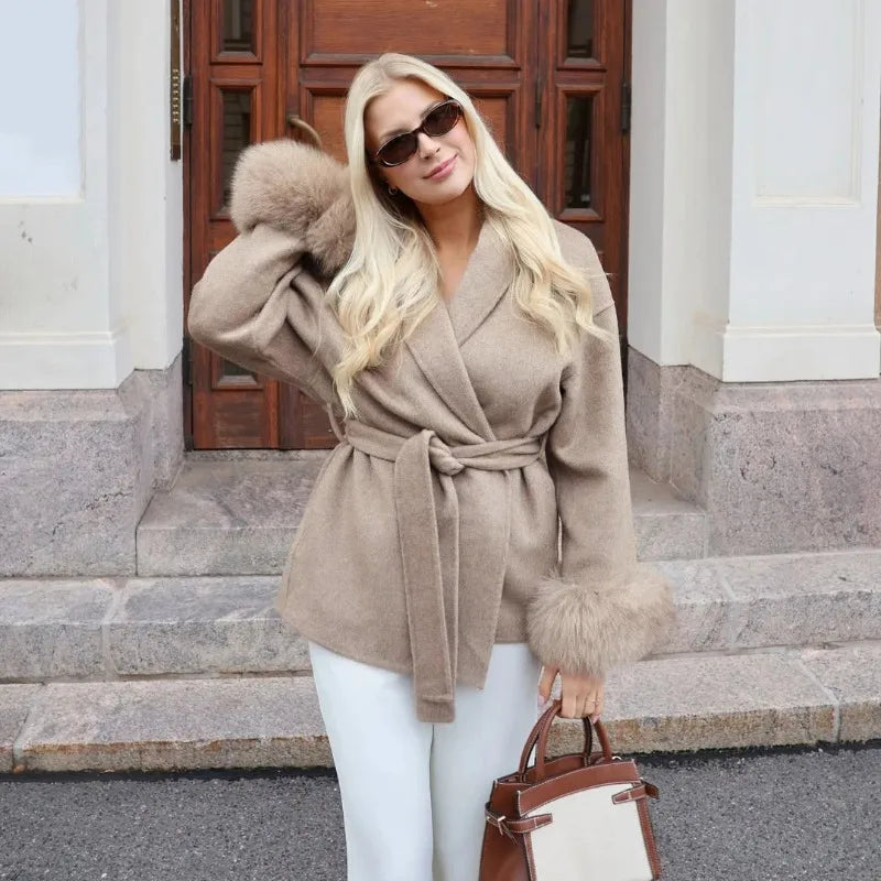 Women's Fox Fur Trim Double-Sided Wool Coat – Belted Elegant Wrap