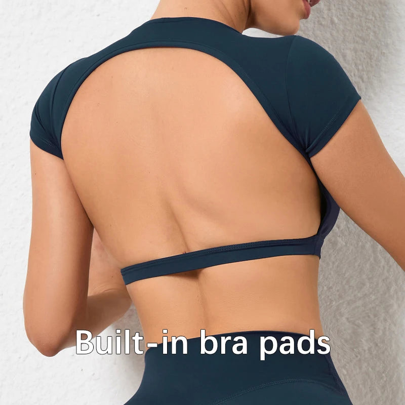 Women's Workout Crop Top – Backless Yoga Shirt with Built-In Chest Pads