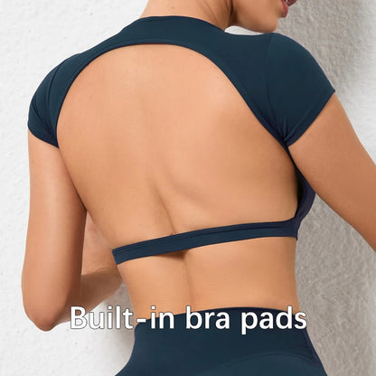 Women's Workout Crop Top – Backless Yoga Shirt with Built-In Chest Pads