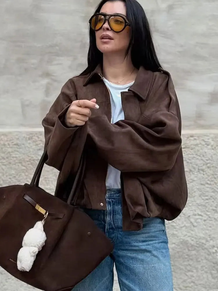 Women's Oversized Suede Coat – Batwing Sleeve Zip-Up Winter Jacket