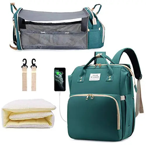 3-in-1 Diaper Bag Backpack with Foldable Baby Bed & USB Charging Port