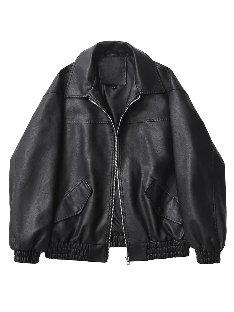 Women's Oversized Faux Leather Jacket – Retro Streetwear Zip Coat