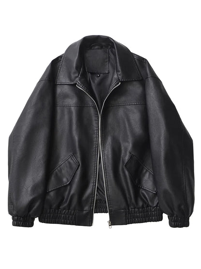 Women's Oversized Faux Leather Jacket – Retro Streetwear Zip Coat