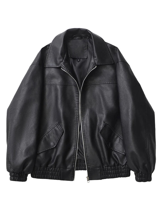 Women's Oversized Faux Leather Jacket – Retro Streetwear Zip Coat