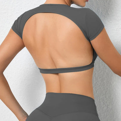 Women's Workout Crop Top – Backless Yoga Shirt with Built-In Chest Pads