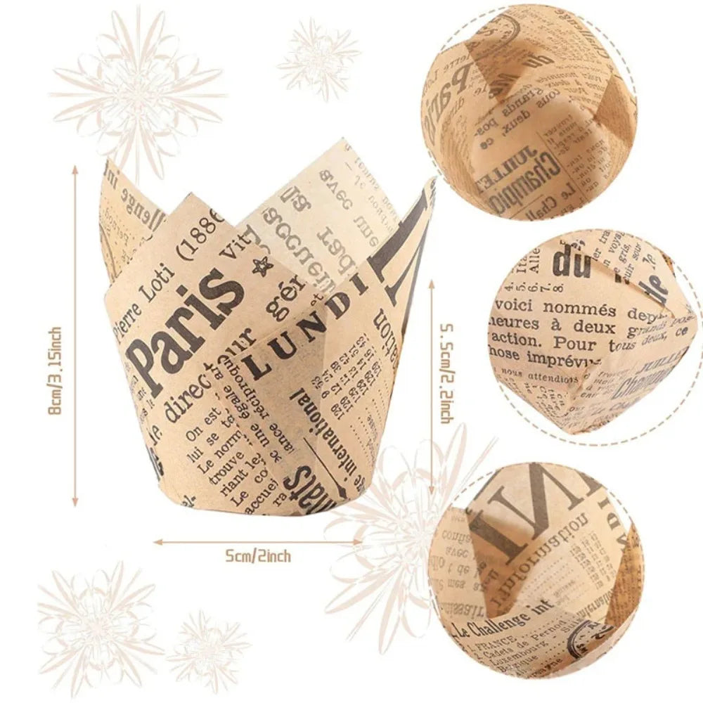 Newspaper Print Tulip Cupcake Liners – 50 Pack