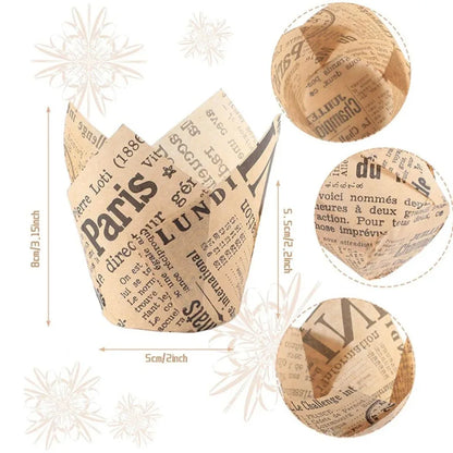 Newspaper Print Tulip Cupcake Liners – 50 Pack
