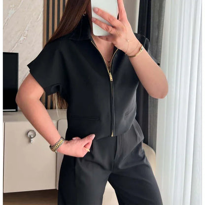 Women's Cropped Zip-Up Jacket Short Sleeve Summer Varsity Coat