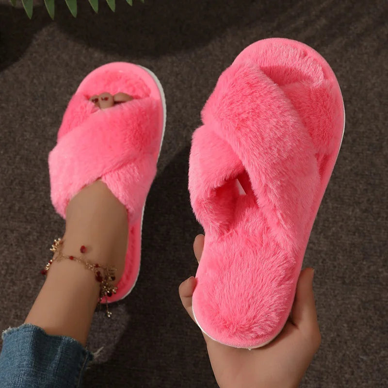 Women's Cross Strap Faux Fur Slippers – Cozy Indoor House Shoes