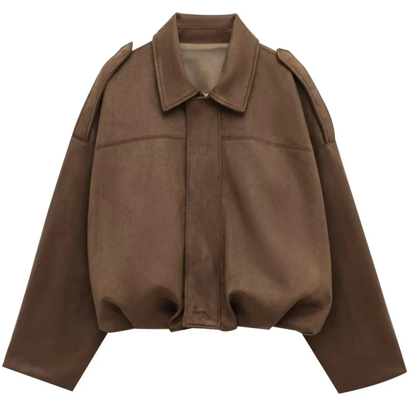 Suede Cropped Bomber Jacket Women Oversized Batwing Sleeve Casual Coat