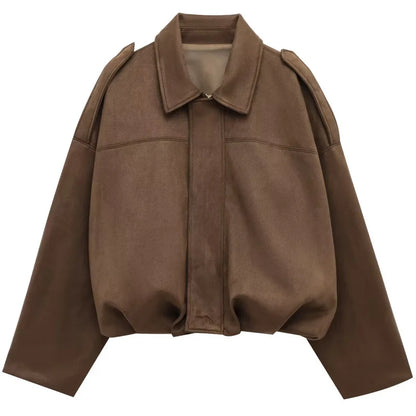 Suede Cropped Bomber Jacket Women Oversized Batwing Sleeve Casual Coat