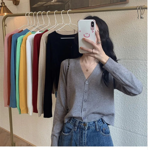 Women's Cropped Knit Cardigan – V-Neck Long Sleeve Button-Down Sweater