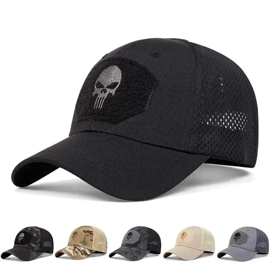 Tactical Camouflage Baseball Cap – Military Mesh Hat with Skull Patch