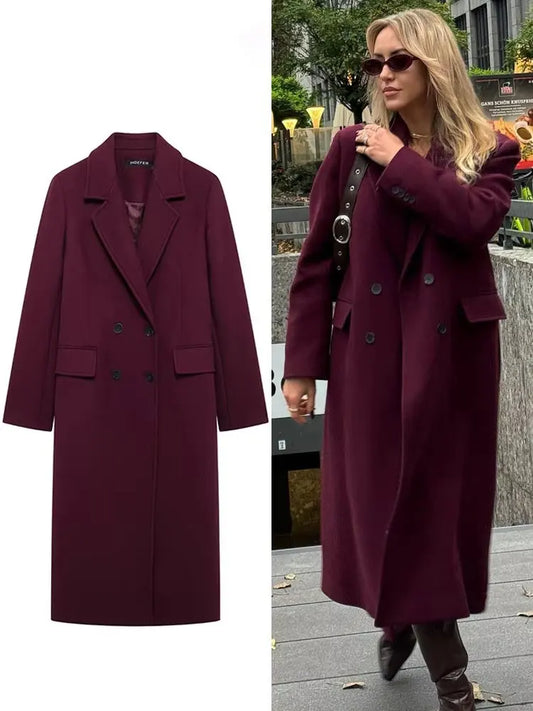 Women's Double-Breasted Wool Blend Long Coat – Lapel Overcoat