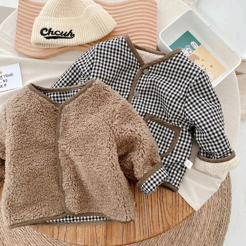 Kids' Reversible Sherpa Jacket – Warm Plush & Plaid Coat for Toddlers
