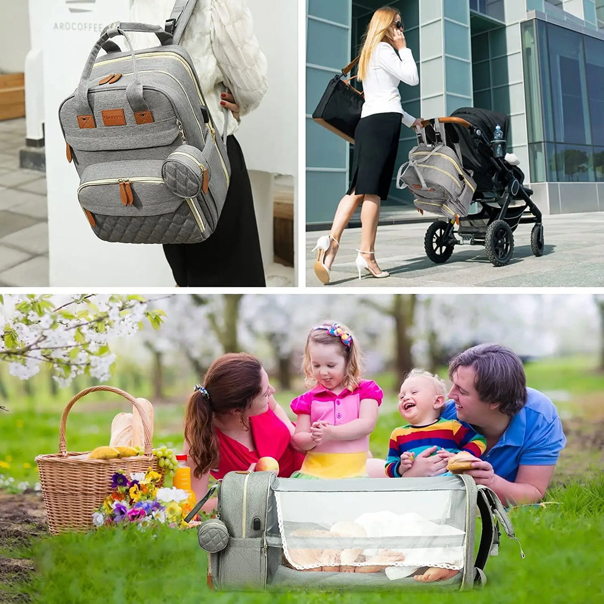 3-in-1 Diaper Bag Backpack with Foldable Baby Bed & USB Charging Port