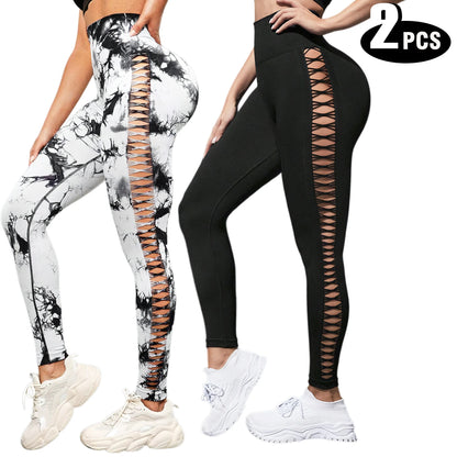 2-Pack High Waist Butt Lifting Yoga Leggings – Side Cutout Lace-Up