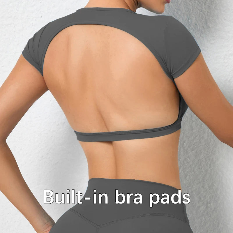Women's Workout Crop Top – Backless Yoga Shirt with Built-In Chest Pads