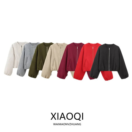 Women's Loose Zip-Up Bomber Jacket – Casual Long Sleeve Outerwear