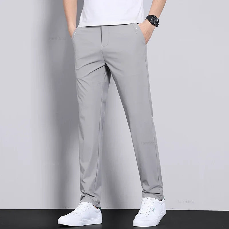 Ice Silk Slim Fit Men's Trousers – Quick-Dry Elastic Waist Pants