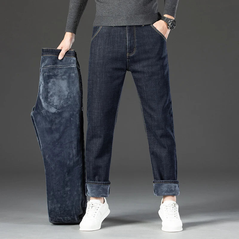 Men's Fleece-Lined Thermal Jeans – Warm Straight Stretch Denim Pants