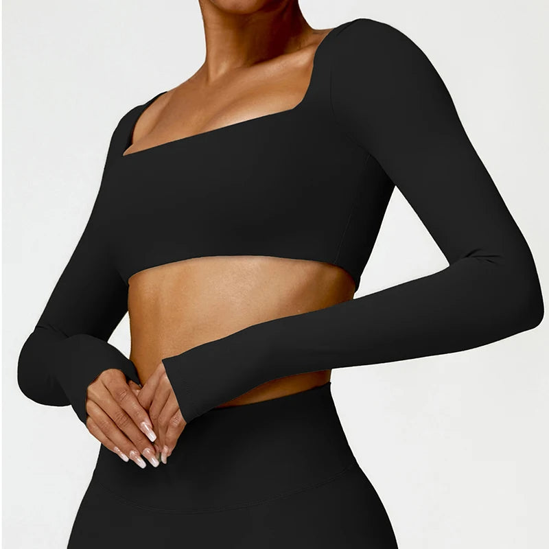 Women's Long Sleeve Square Neck Crop Top Gym Shirt