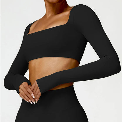 Women's Long Sleeve Square Neck Crop Top Gym Shirt