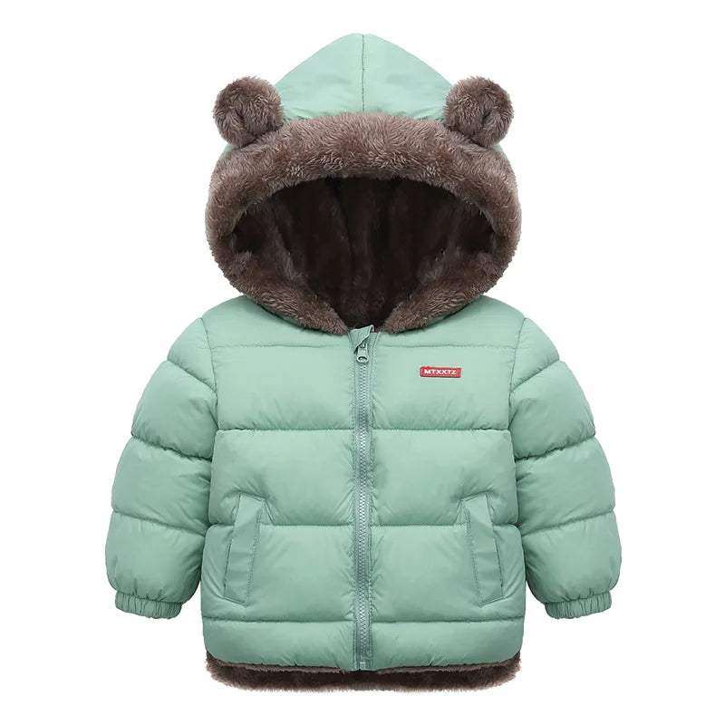 Kids Bear Ear Hooded Puffer Jacket – Fleece-Lined Winter Coat