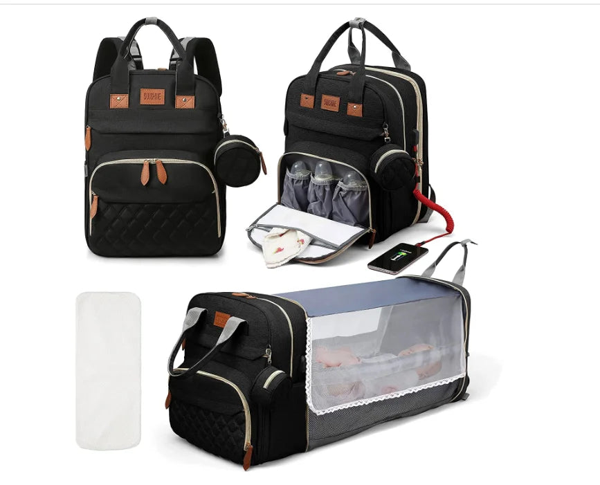 3-in-1 Diaper Bag Backpack with Foldable Baby Bed & USB Charging Port